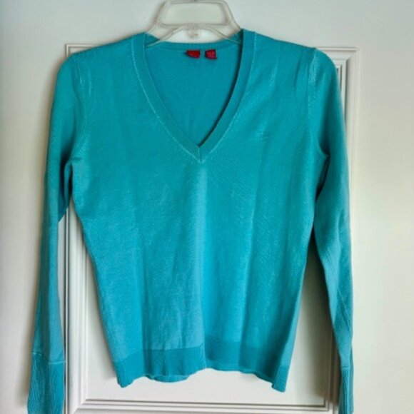 Turquoise cotton knit v-neck sweater - Picture 1 of 4